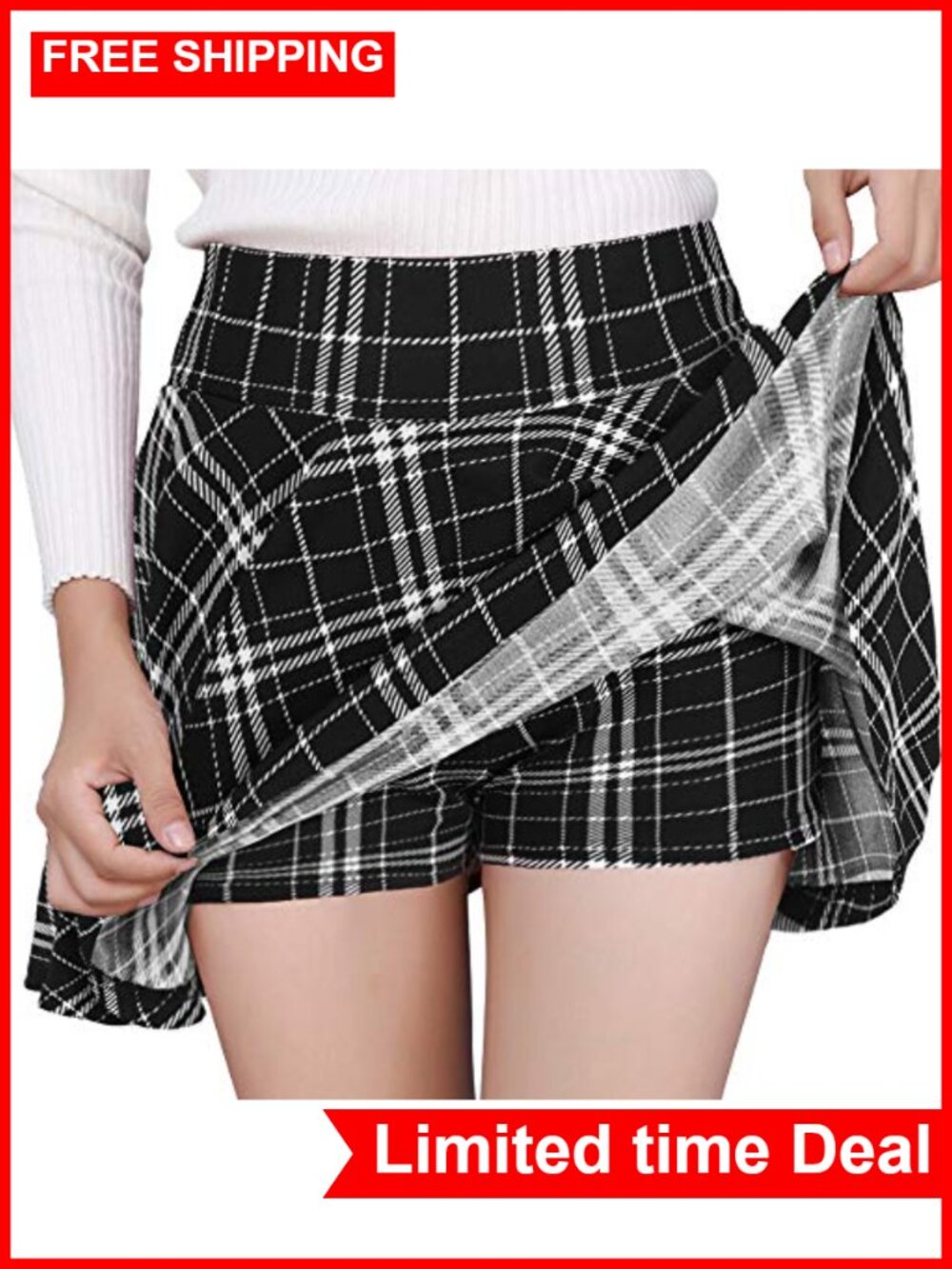 Women's Skort with Built-in Shorts - Stretchy High-Waist Flared A-Line Mini